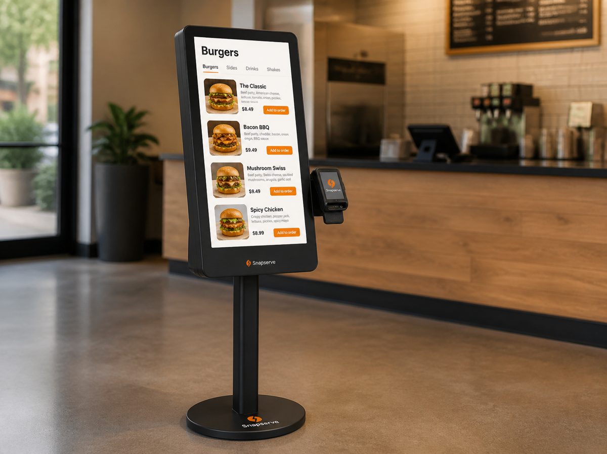 Snapserve self-order kiosk on a floor stand in a burger restaurant lobby, with the card reader mounted on its right edge